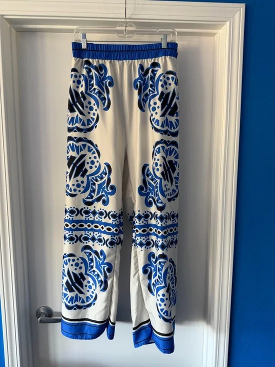 White Wide-Leg Pants with Bold Blue Printed Pattern - Picture 1 of 3